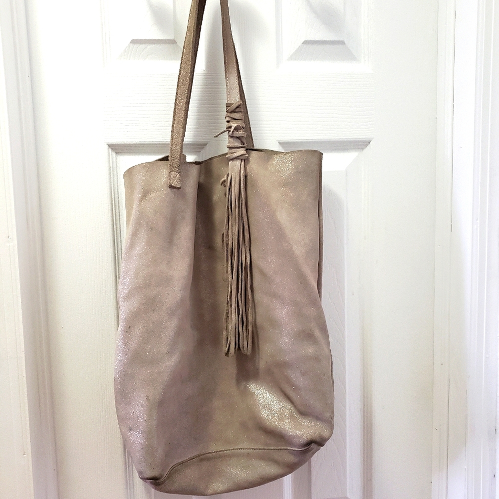 Genuine Leather beige tote with fringe